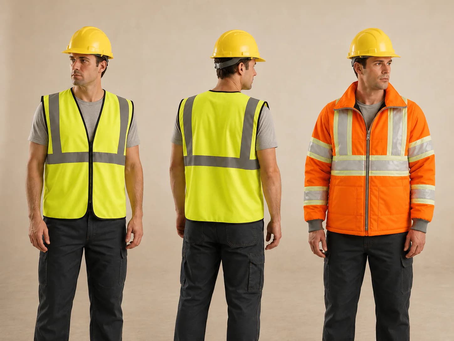 High-visibility safety vests and a hi-vis jacket worn with hard hats