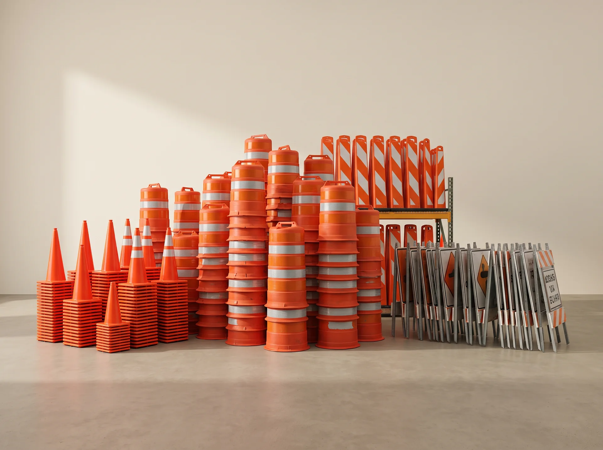Stacked orange and white traffic barricades and channelizing devices