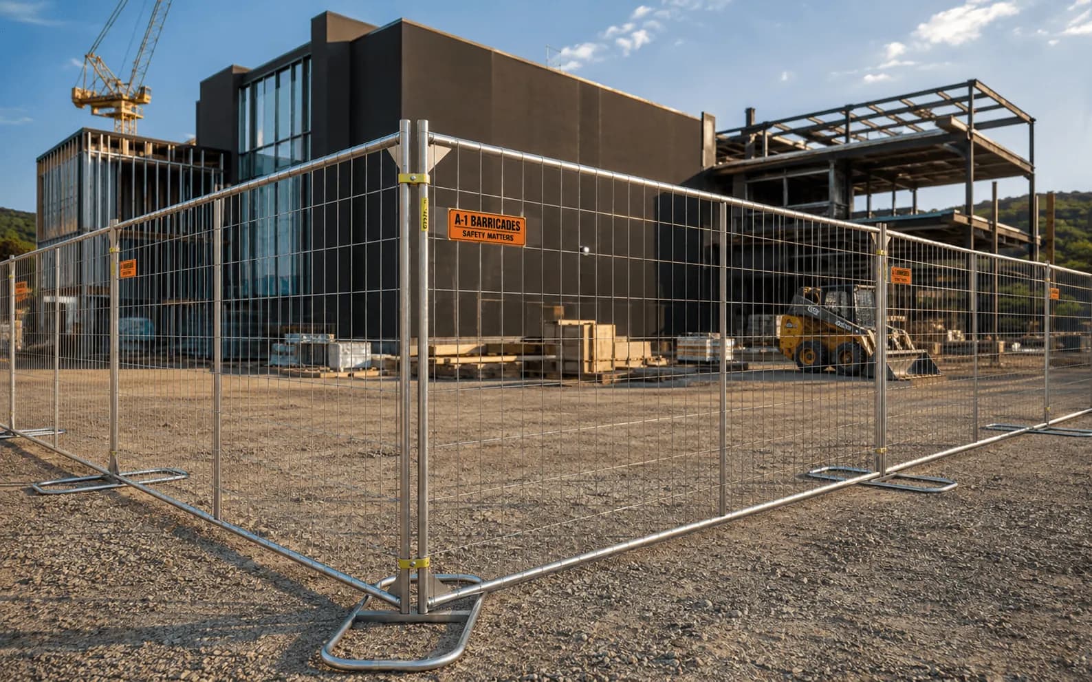A run of temporary welded-mesh fence panels in weighted bases around a construction site