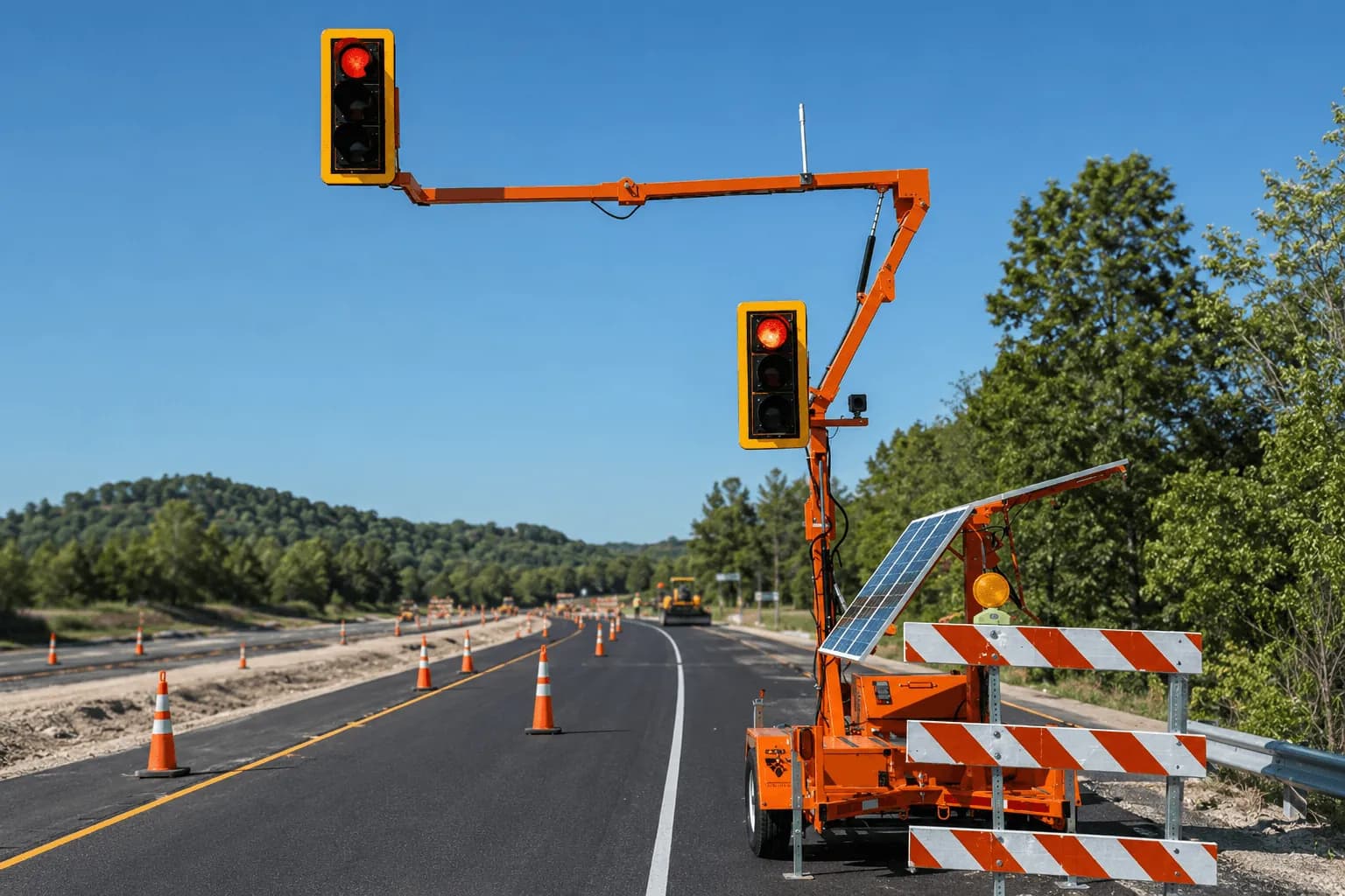 A trailer-mounted portable traffic signal head controlling a one-lane work zone