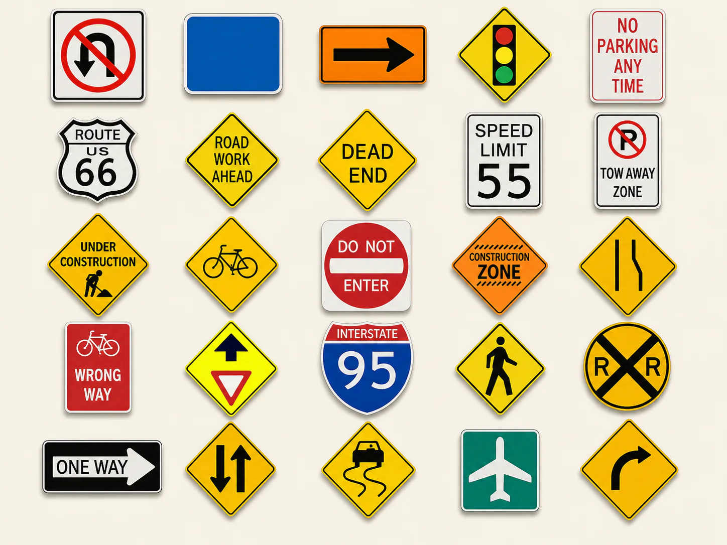 A collection of regulatory, warning and construction traffic signs
