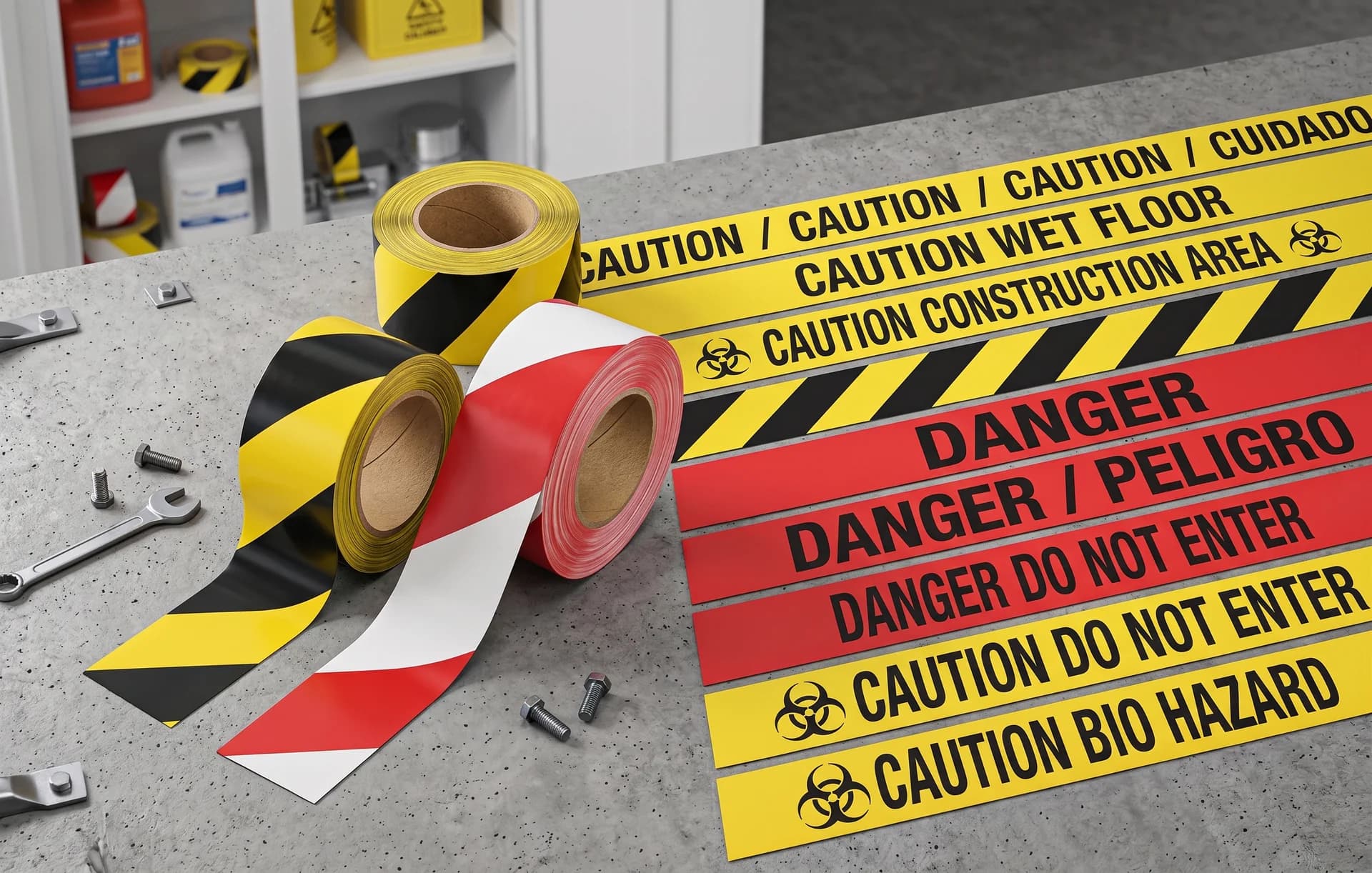 Rolls of yellow caution tape and red and white striped barricade tape
