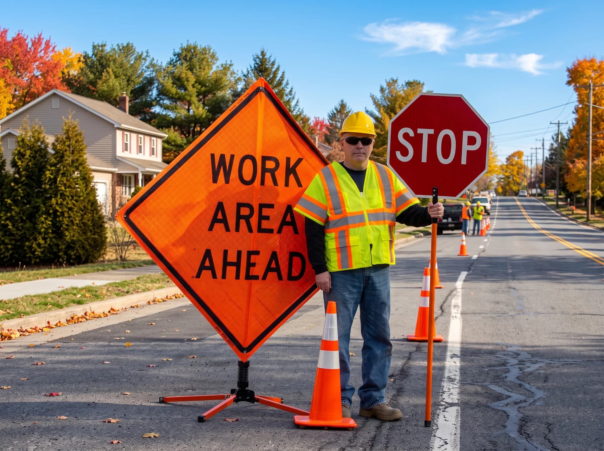 A flagger in a hi-vis vest holding a stop paddle beside a work-area-ahead sign